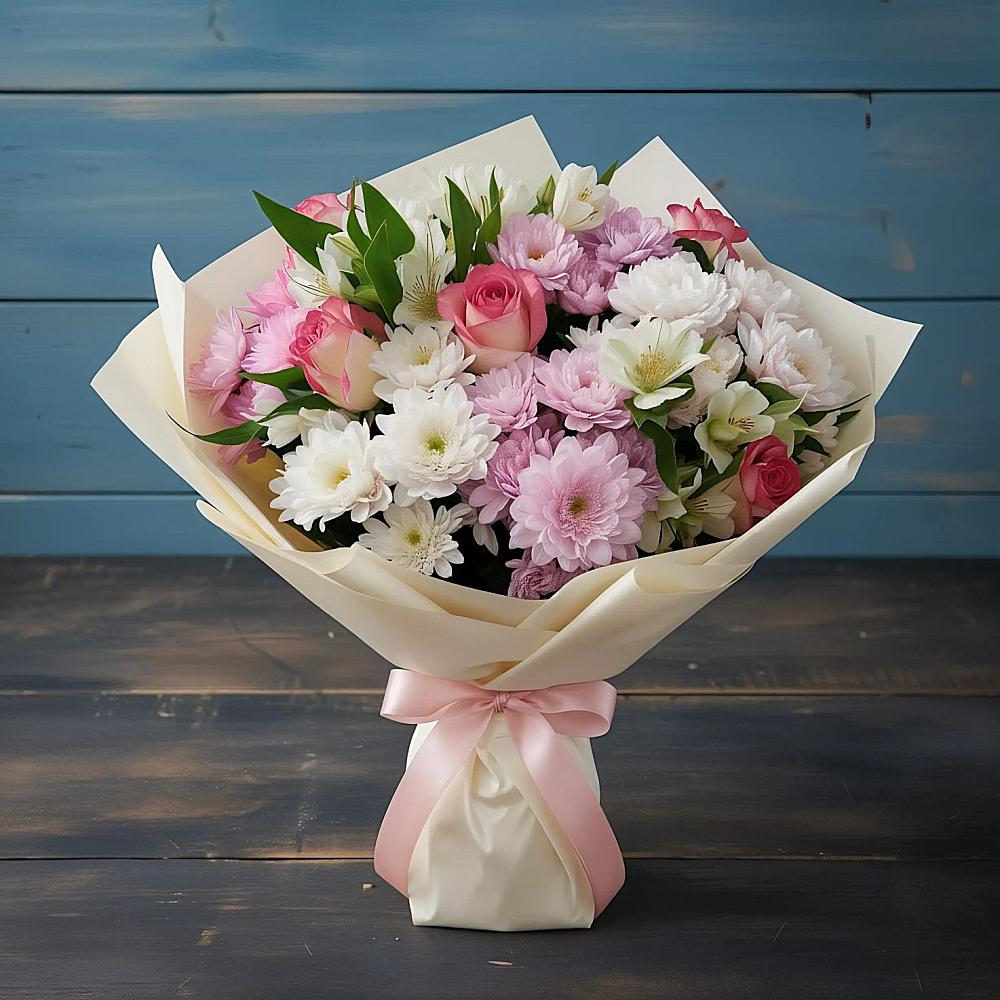 Букет цветов из: Хризантемы, Альстромерии и Розы в Звенигороде